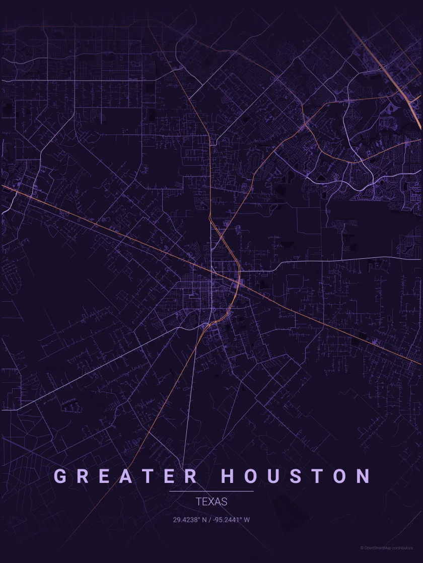 Street map of the Greater Houston area centered on Alvin, Texas, showing the region Coyote Bookkeeping serves from Houston south to Galveston
